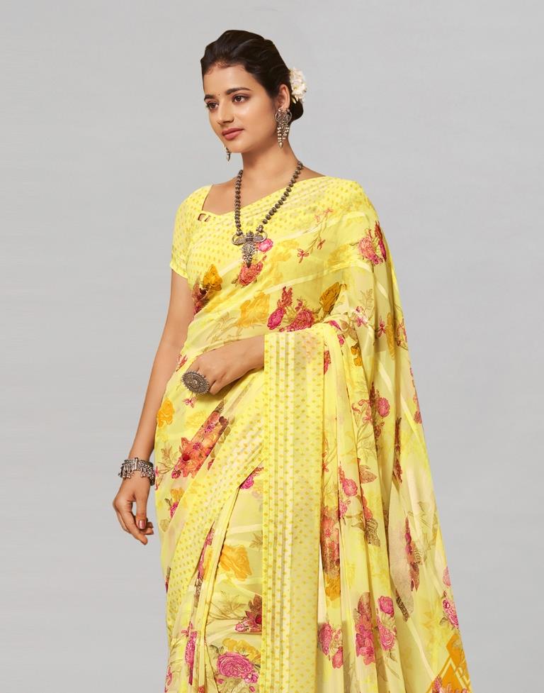 Yellow Coloured Georgette Floral Printed Saree | Sudathi