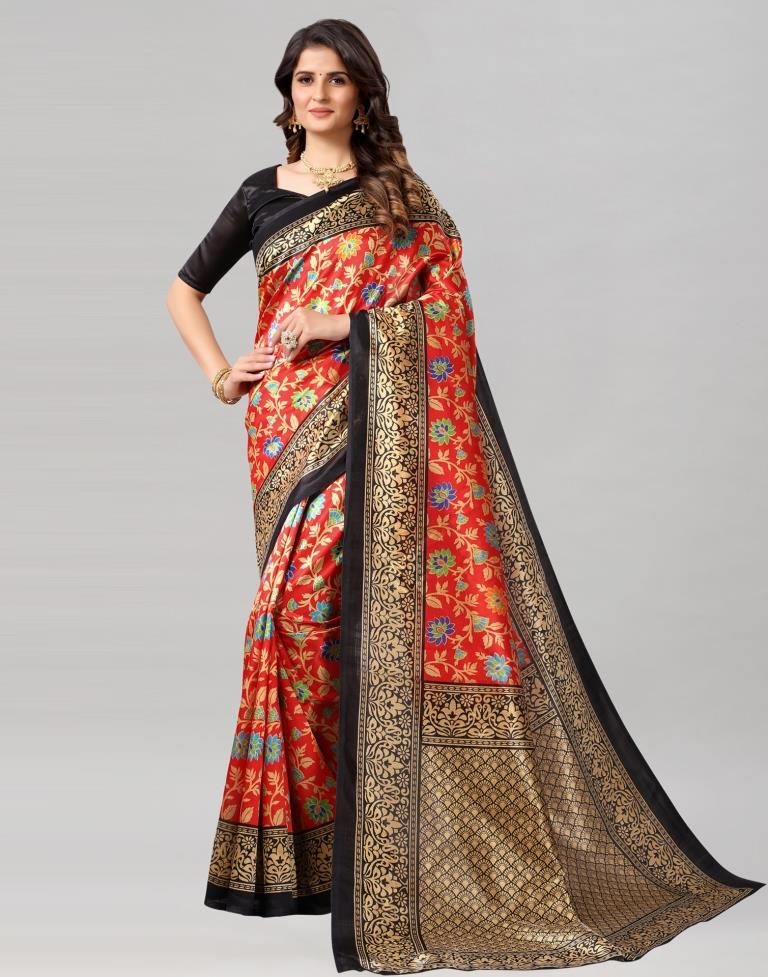 Red Coloured Poly Silk Floral Printed Saree | Sudathi