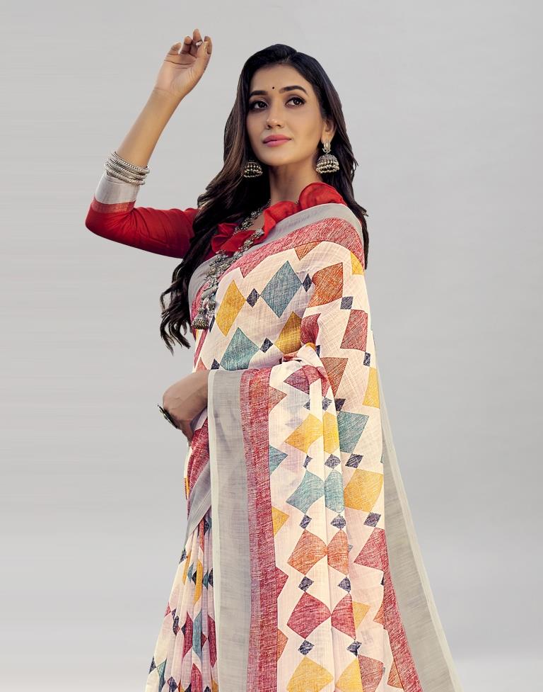 White Coloured Poly Cotton Printed Saree | Sudathi