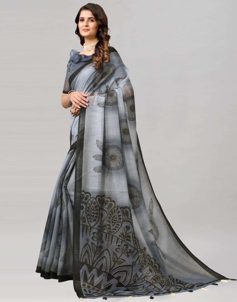 Steel Grey Coloured Poly Cotton Printed Saree | Sudathi
