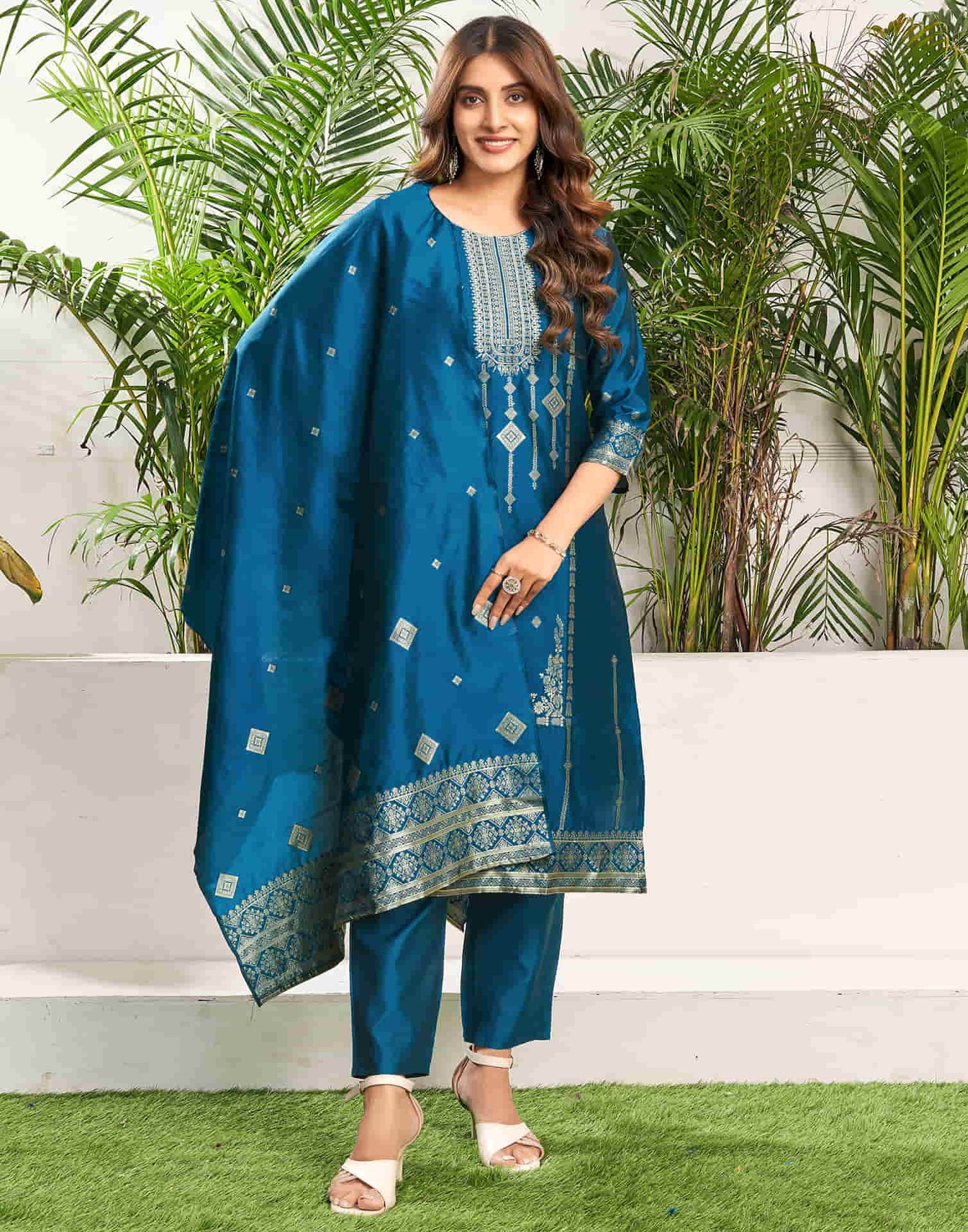 Teal Blue Silk Plain Straight Kurta Set With Dupatta