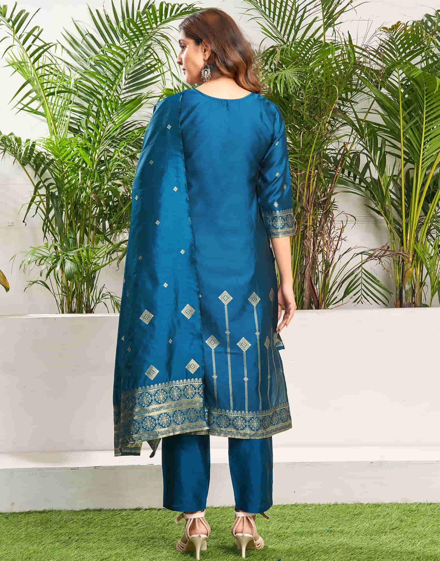 Teal Blue Silk Plain Straight Kurta Set With Dupatta