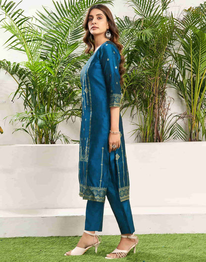 Teal Blue Silk Plain Straight Kurta Set With Dupatta