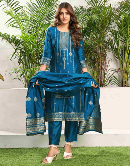 Teal Blue Silk Plain Straight Kurta Set With Dupatta