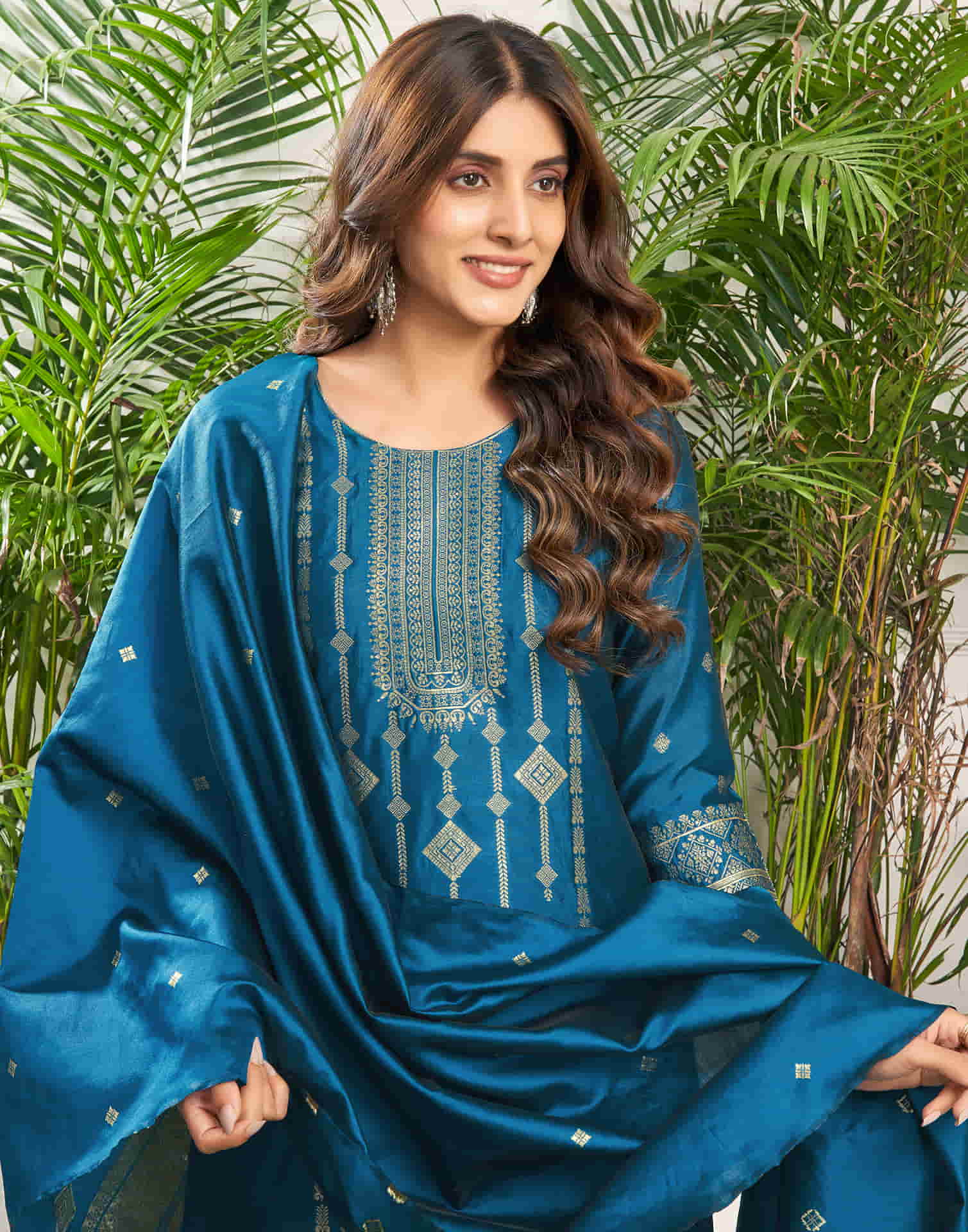 Teal Blue Silk Plain Straight Kurta Set With Dupatta