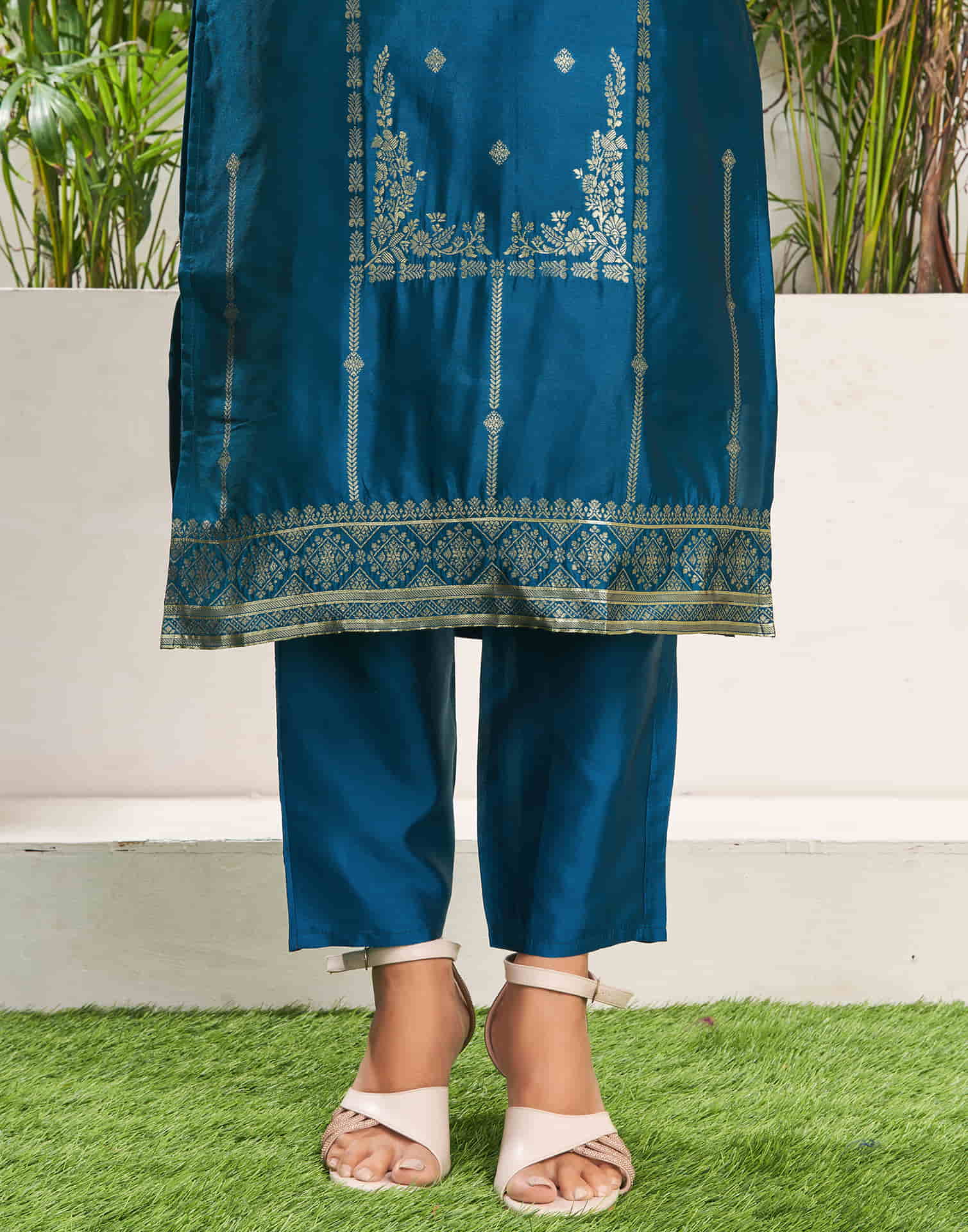 Teal Blue Silk Plain Straight Kurta Set With Dupatta