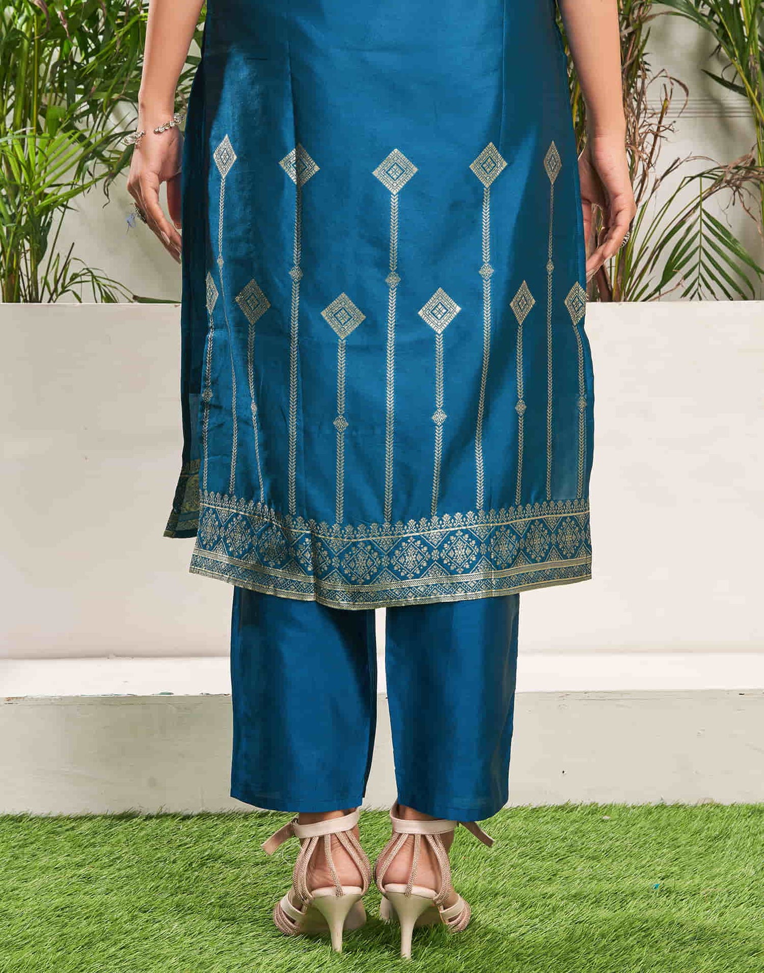 Teal Blue Silk Plain Straight Kurta Set With Dupatta