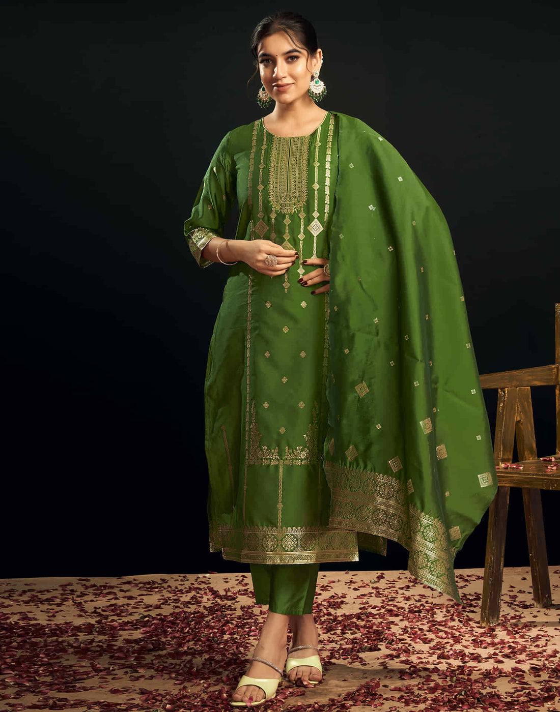 Green And Golden Silk Plain Straight Kurta Set With Dupatta