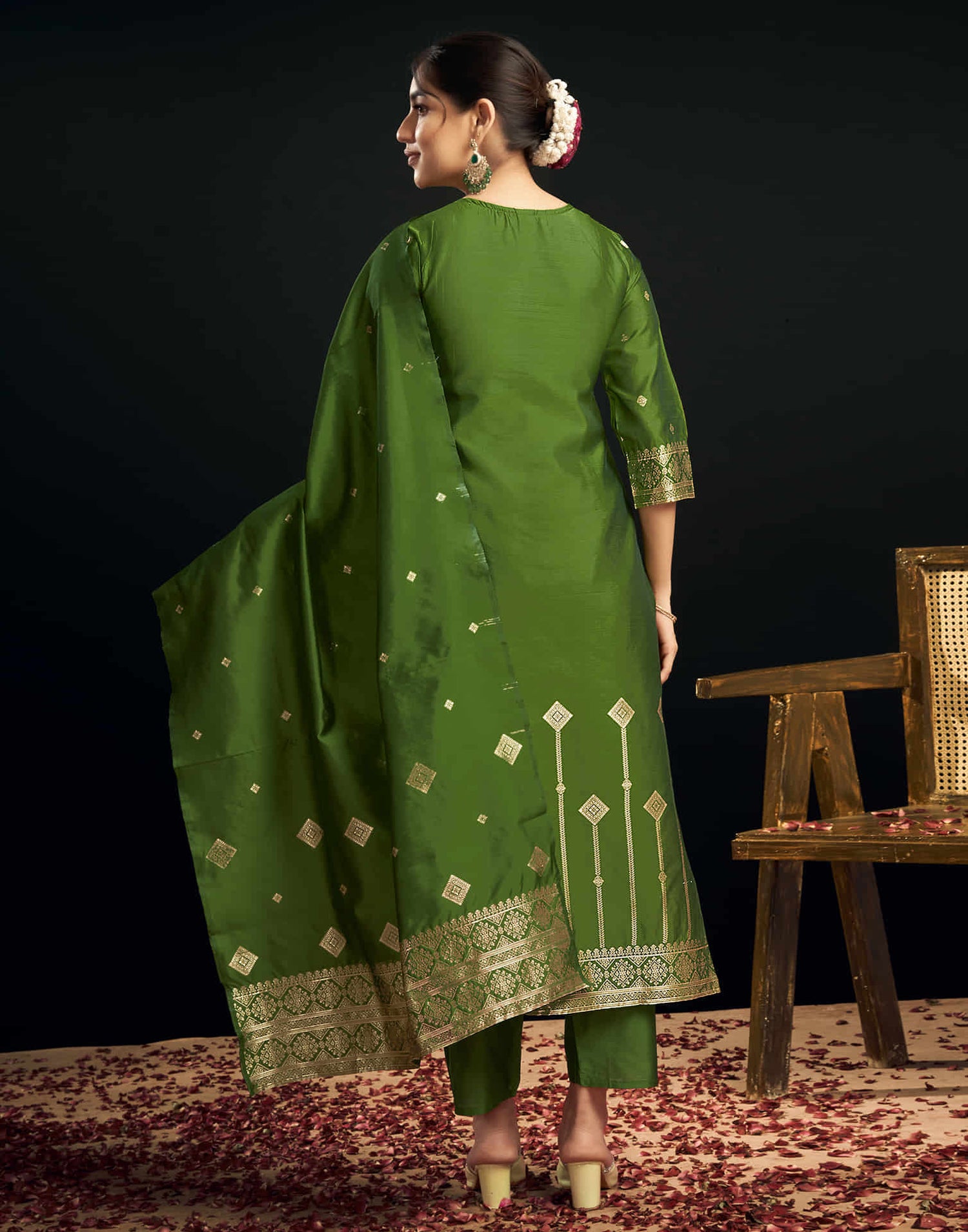 Green And Golden Silk Plain Straight Kurta Set With Dupatta