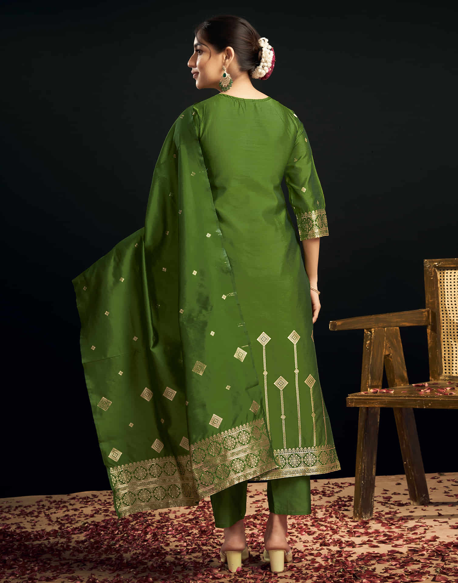 Green And Golden Silk Plain Straight Kurta Set With Dupatta