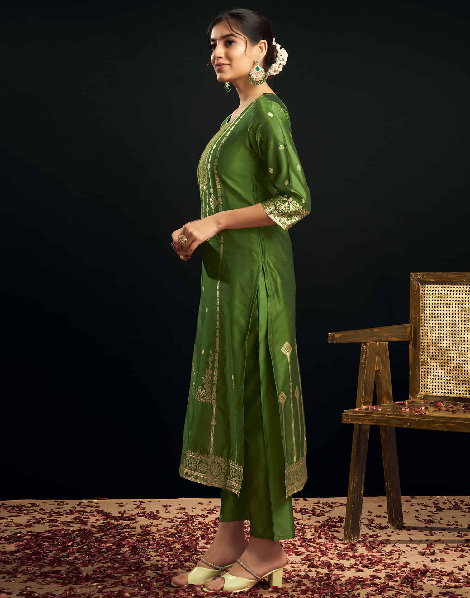 Green And Golden Silk Plain Straight Kurta Set With Dupatta