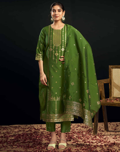 Green And Golden Silk Plain Straight Kurta Set With Dupatta