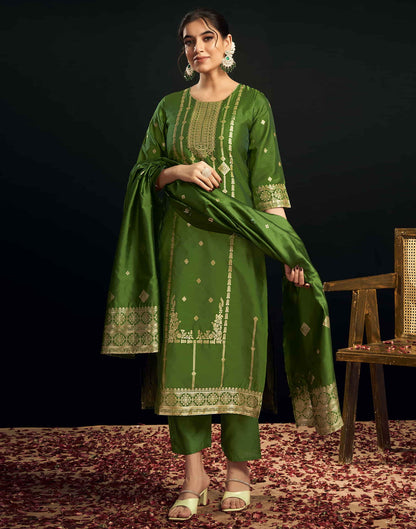 Green And Golden Silk Plain Straight Kurta Set With Dupatta