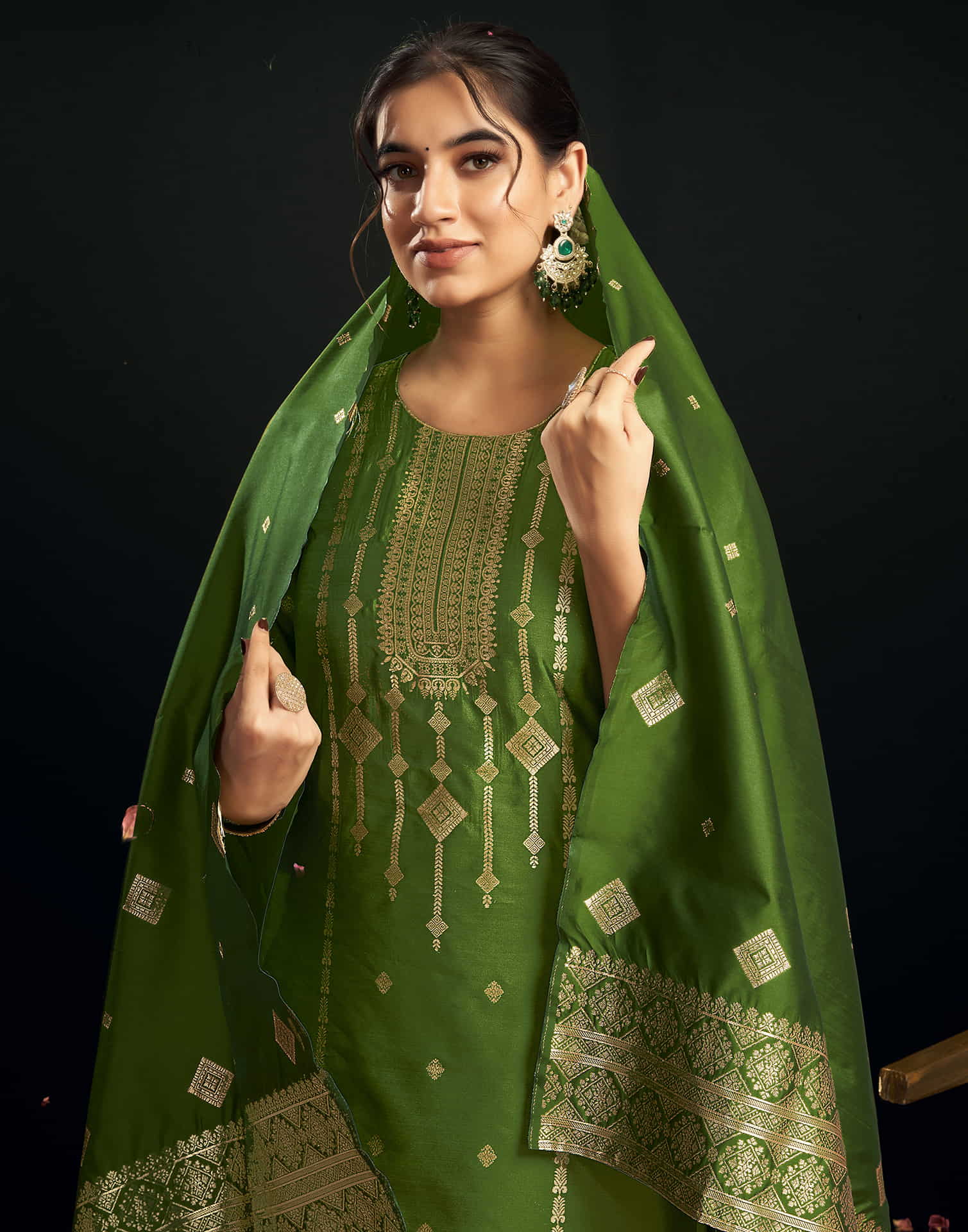 Green And Golden Silk Plain Straight Kurta Set With Dupatta