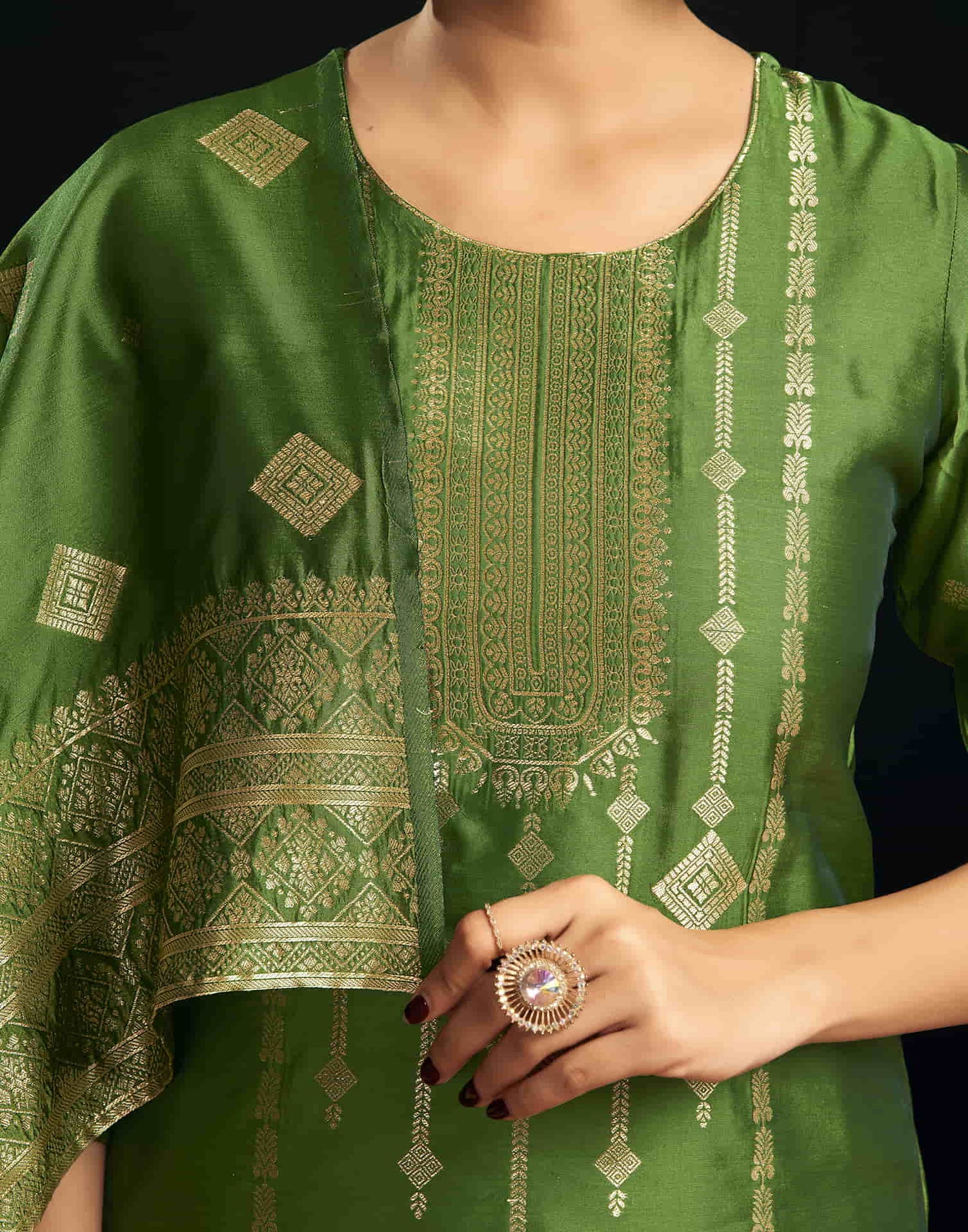 Green And Golden Silk Plain Straight Kurta Set With Dupatta