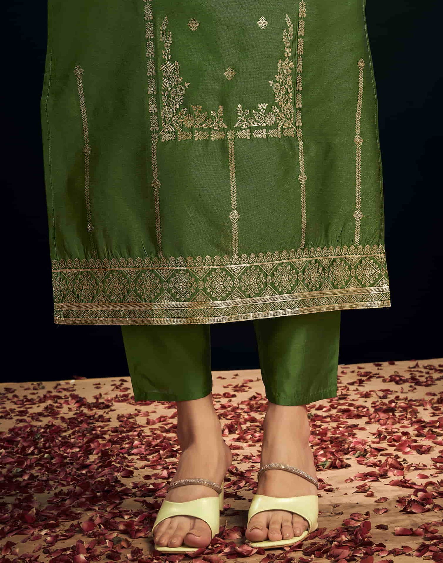 Green And Golden Silk Plain Straight Kurta Set With Dupatta