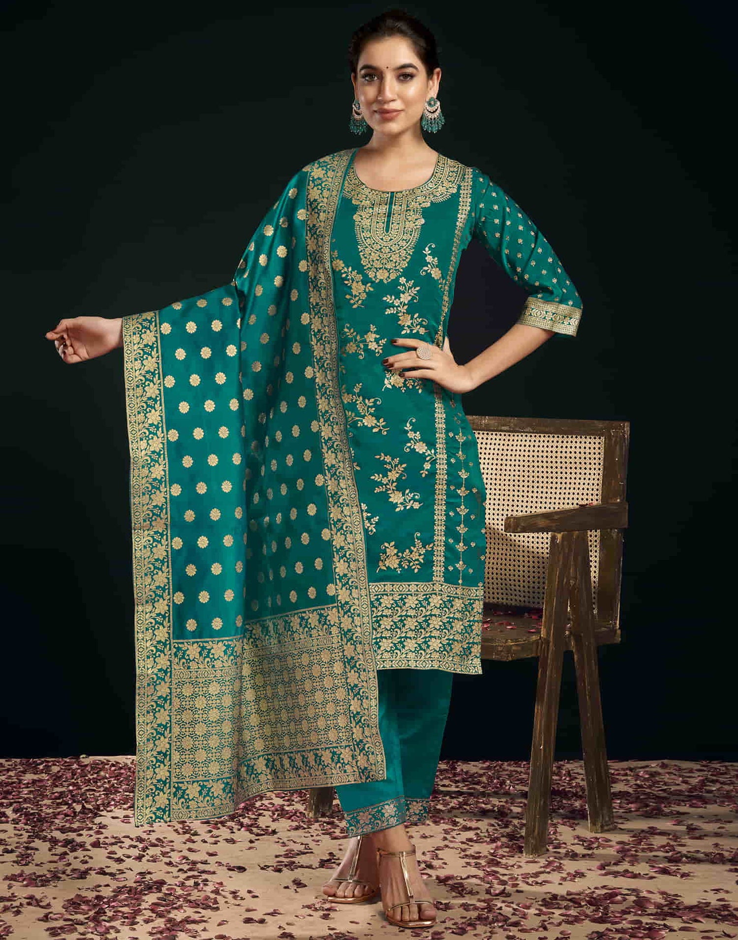 Teal Green And Golden Silk Plain Straight Kurta Set With Dupatta