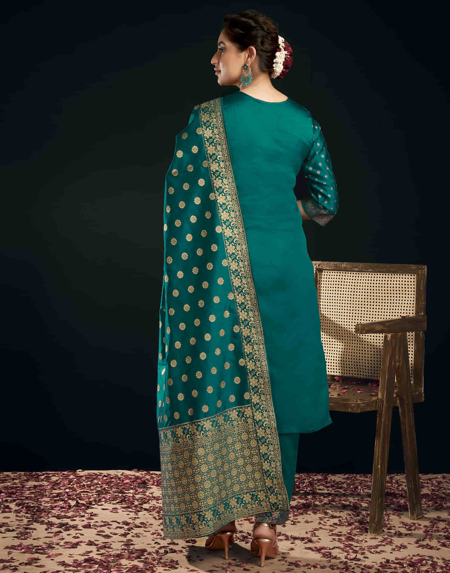 Teal Green And Golden Silk Plain Straight Kurta Set With Dupatta