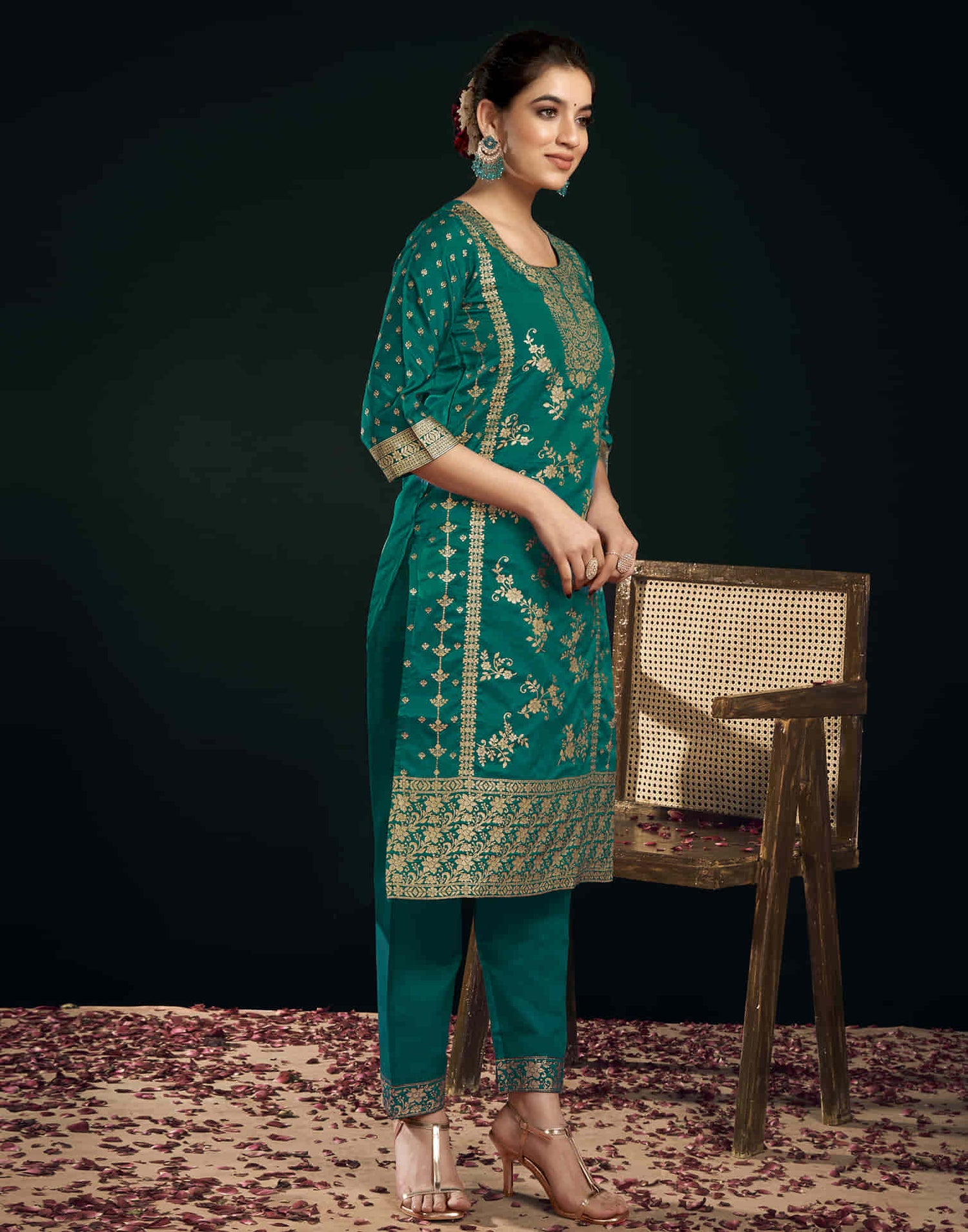 Teal Green And Golden Silk Plain Straight Kurta Set With Dupatta