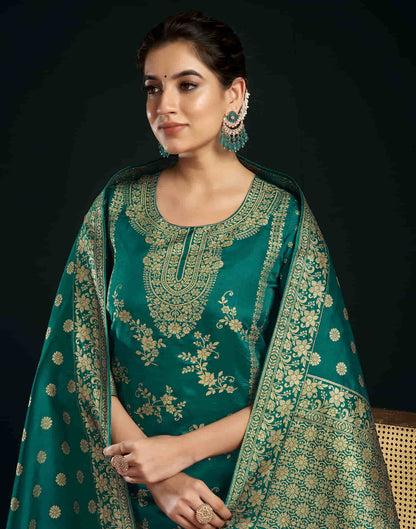 Teal Green And Golden Silk Plain Straight Kurta Set With Dupatta