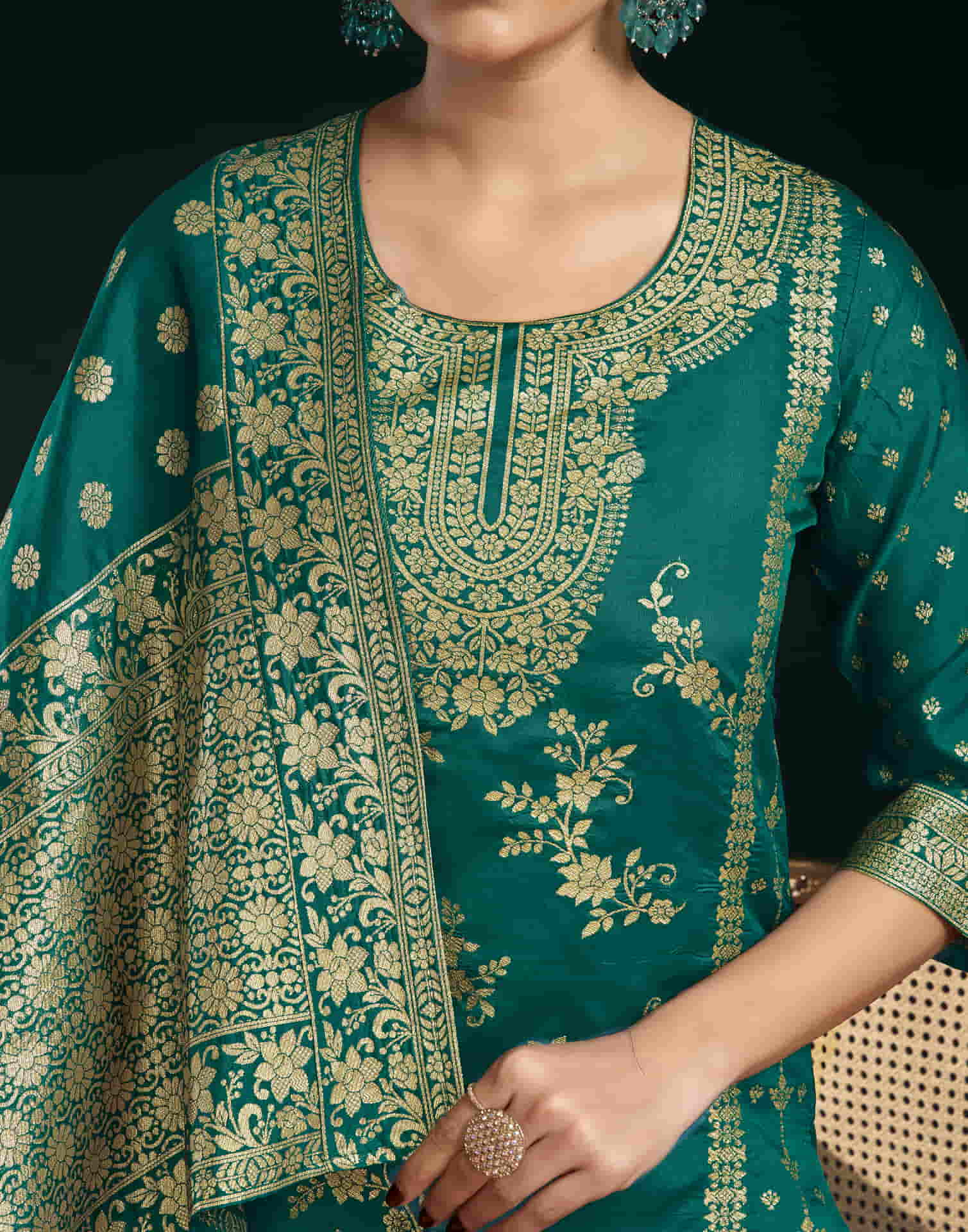 Teal Green And Golden Silk Plain Straight Kurta Set With Dupatta