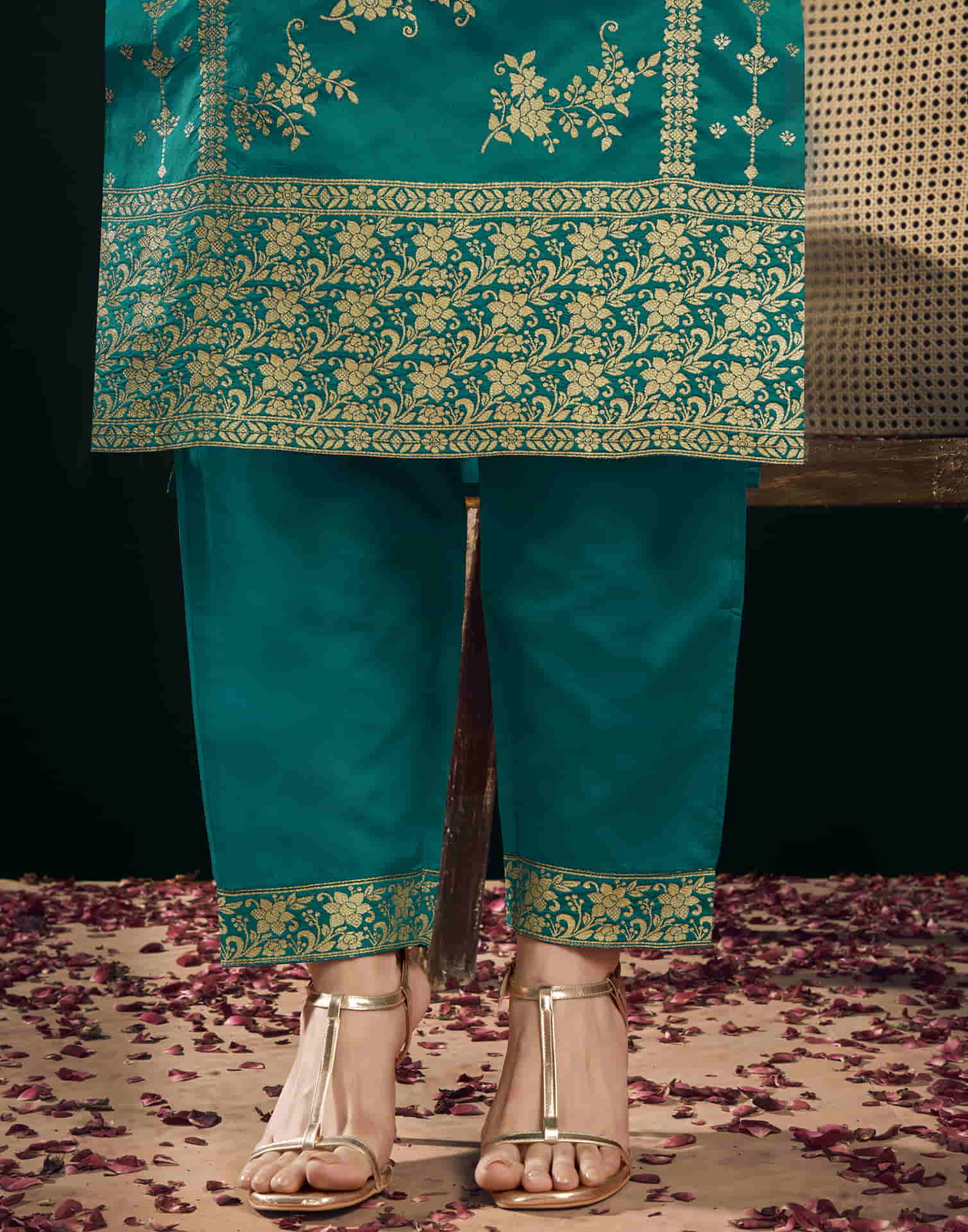 Teal Green And Golden Silk Plain Straight Kurta Set With Dupatta