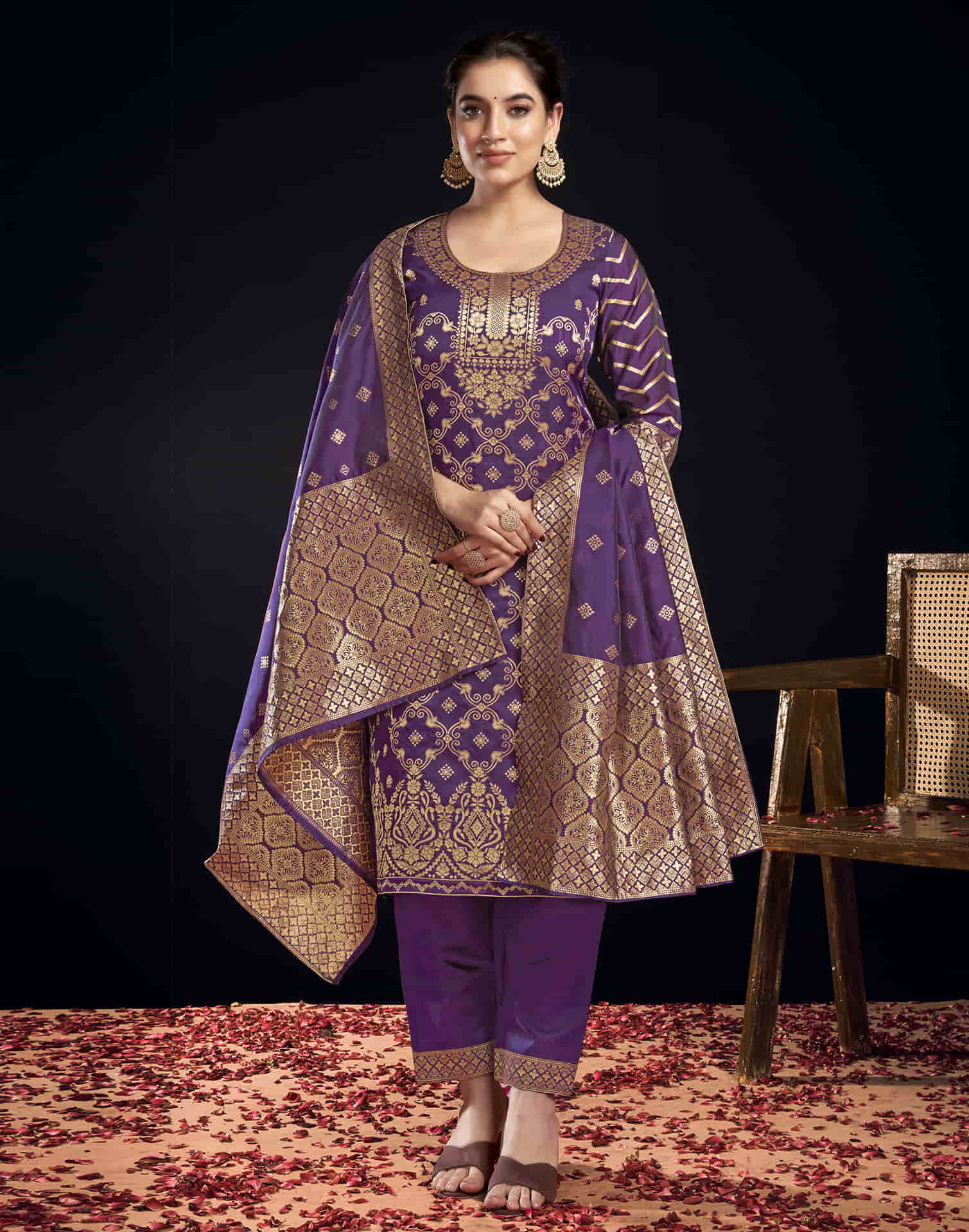 Wine Silk Woven Straight Kurta Set With Dupatta