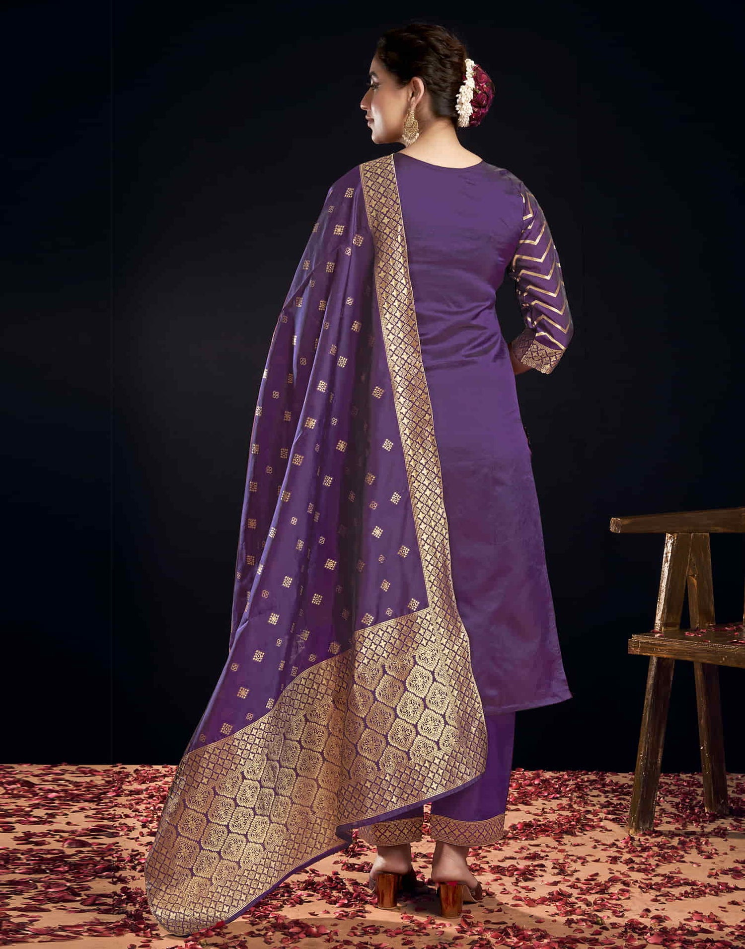 Wine Silk Woven Straight Kurta Set With Dupatta