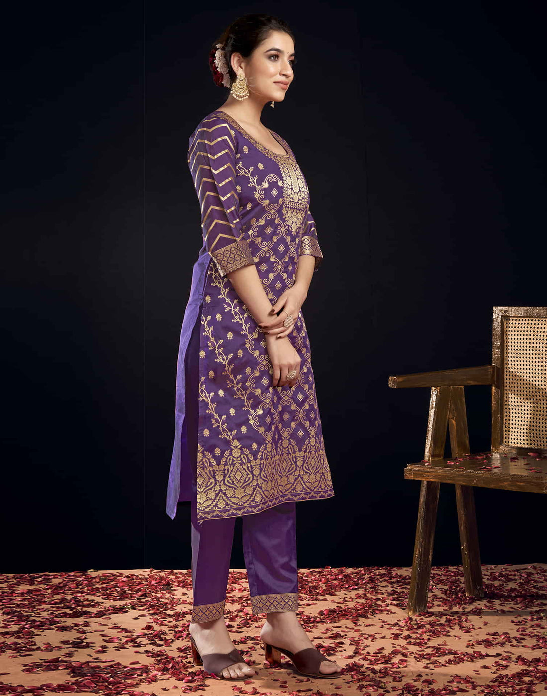 Wine Silk Woven Straight Kurta Set With Dupatta