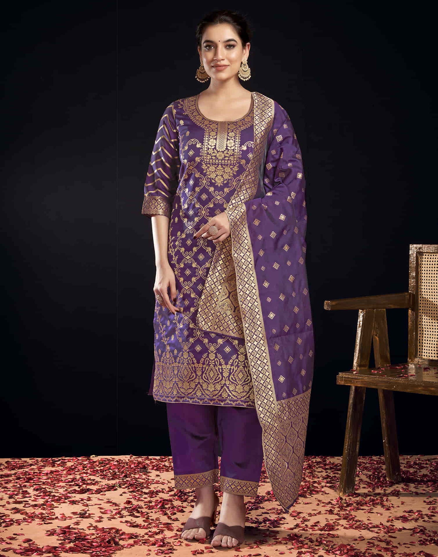 Wine Silk Woven Straight Kurta Set With Dupatta