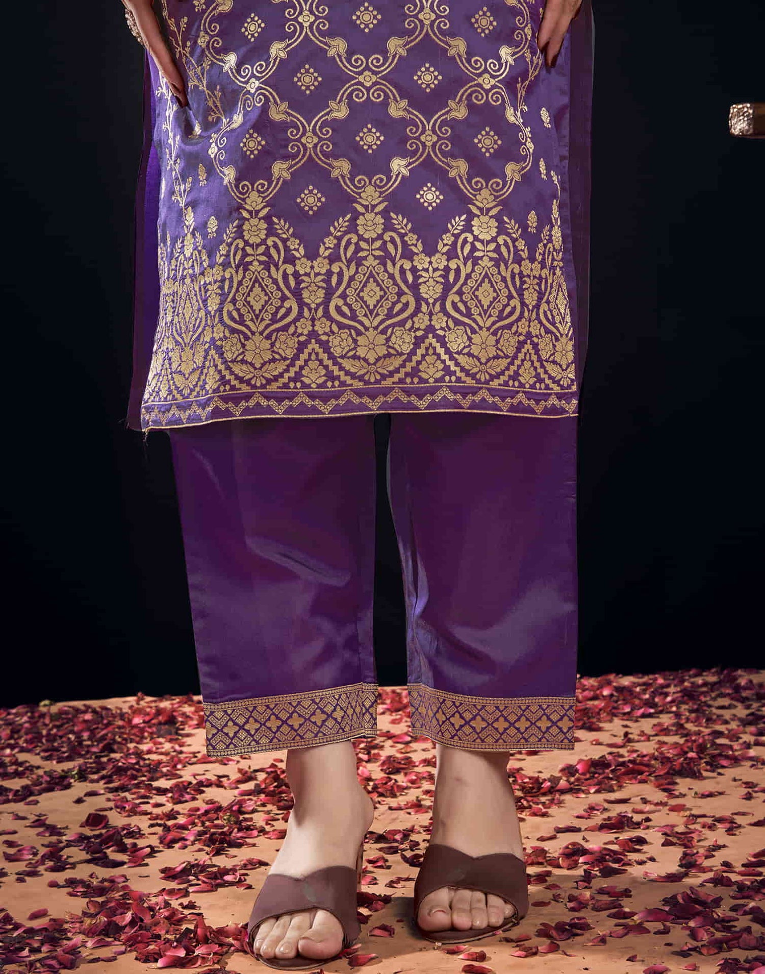 Wine Silk Woven Straight Kurta Set With Dupatta