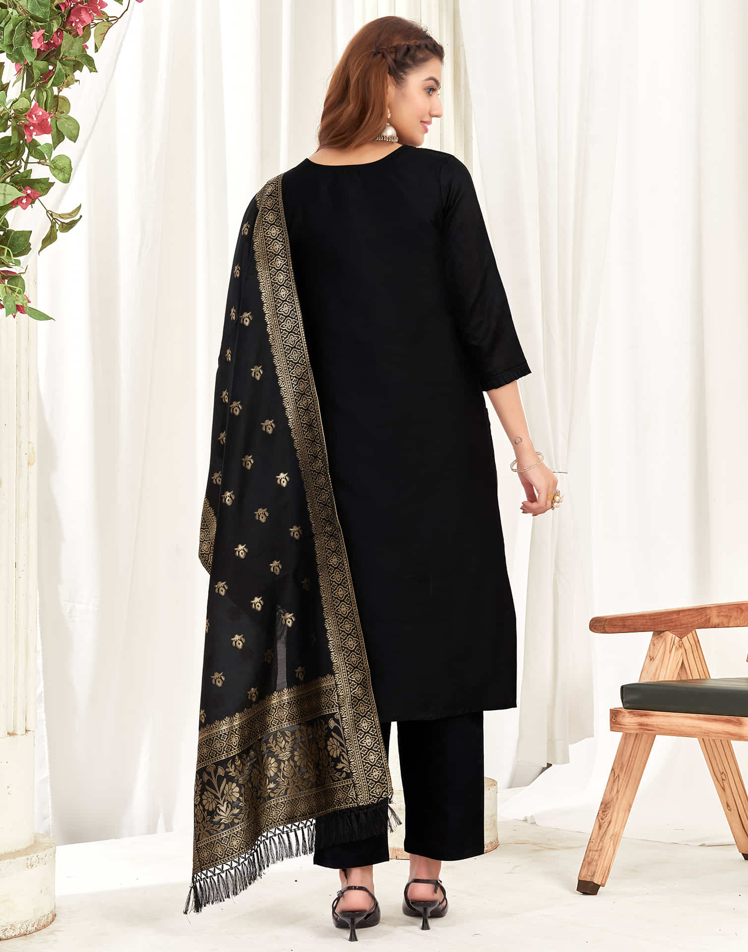 Black And Golden Silk Plain Straight Kurta Set With Dupatta