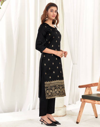 Black And Golden Silk Plain Straight Kurta Set With Dupatta