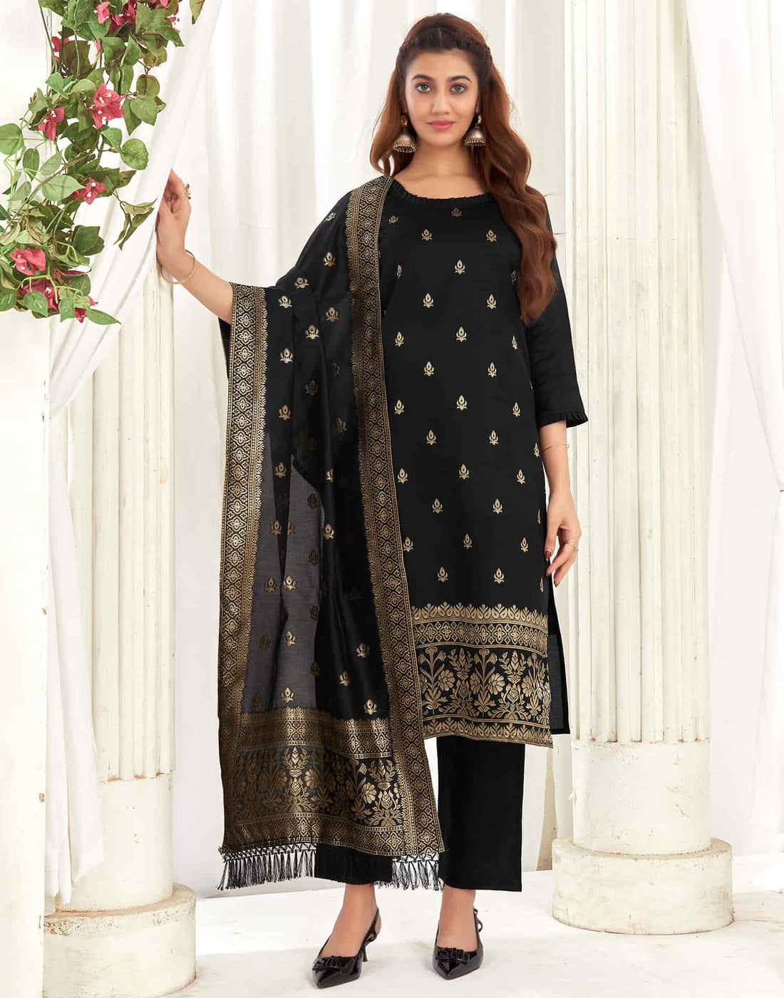 Black And Golden Silk Plain Straight Kurta Set With Dupatta