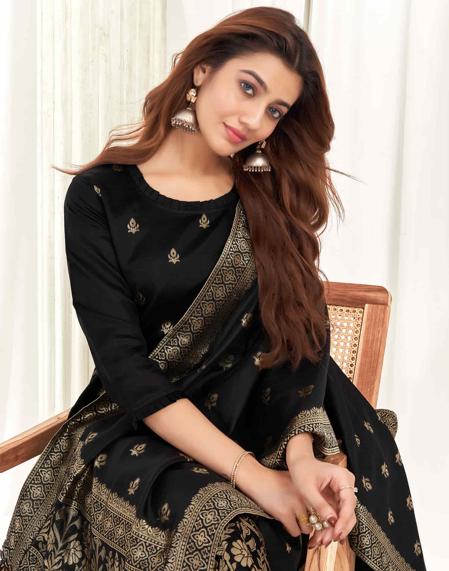 Black And Golden Silk Plain Straight Kurta Set With Dupatta