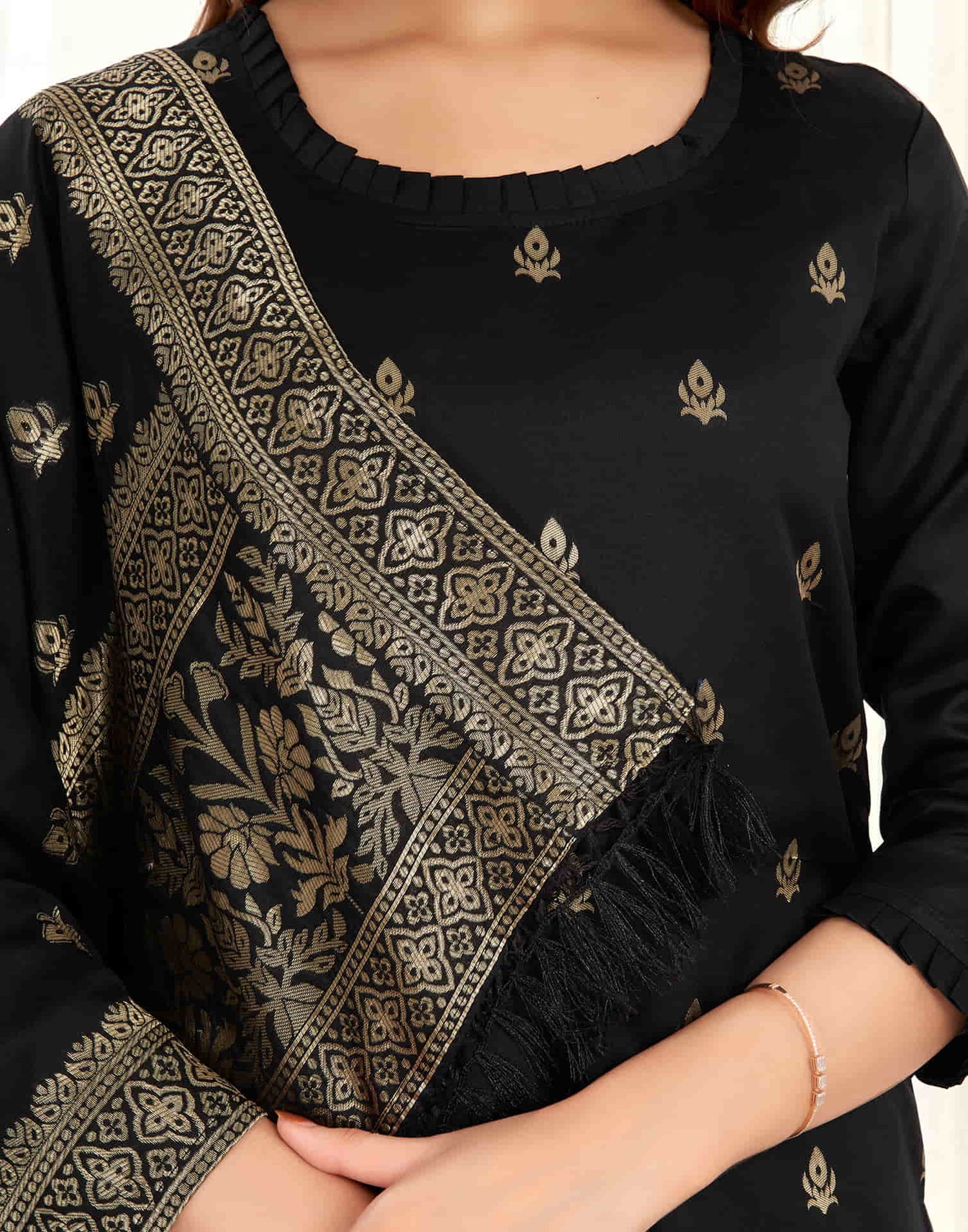 Black And Golden Silk Plain Straight Kurta Set With Dupatta