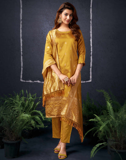 Mustrad Yellow And Golden Silk Plain Straight Kurta Set With Dupatta