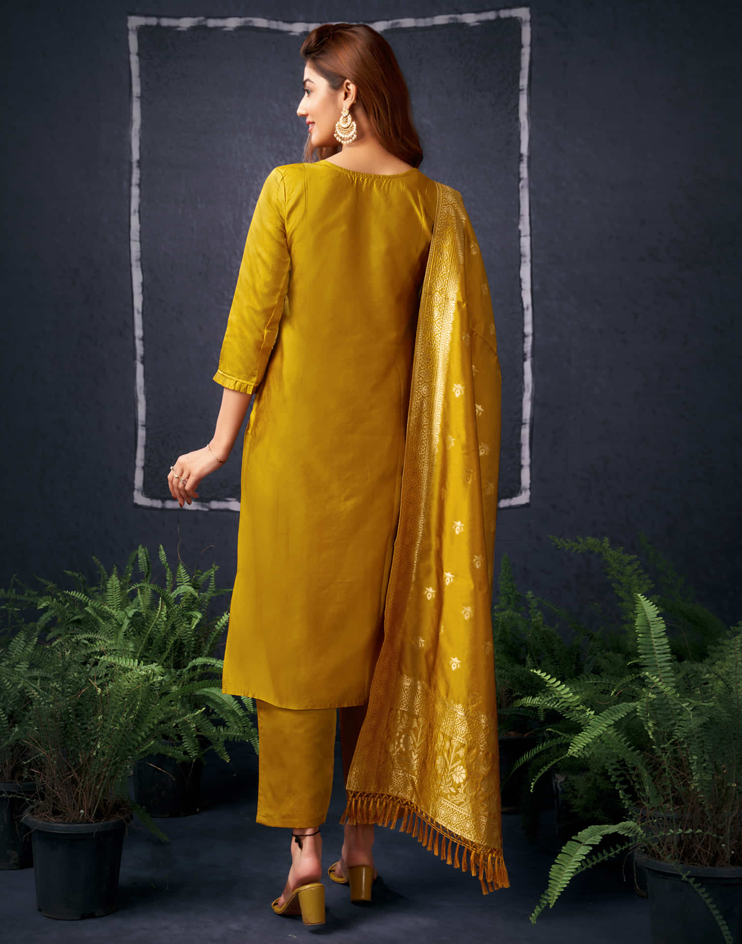 Mustrad Yellow And Golden Silk Plain Straight Kurta Set With Dupatta