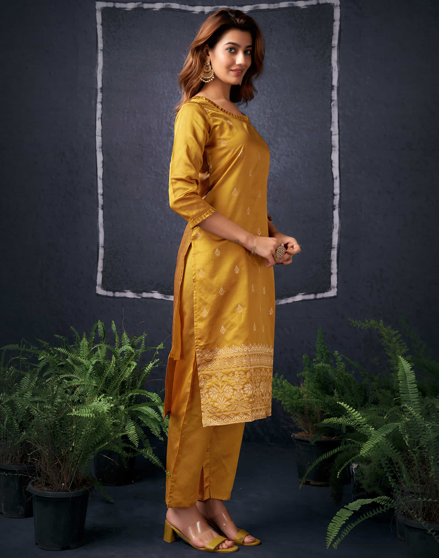 Mustrad Yellow And Golden Silk Plain Straight Kurta Set With Dupatta