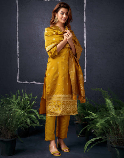 Mustrad Yellow And Golden Silk Plain Straight Kurta Set With Dupatta