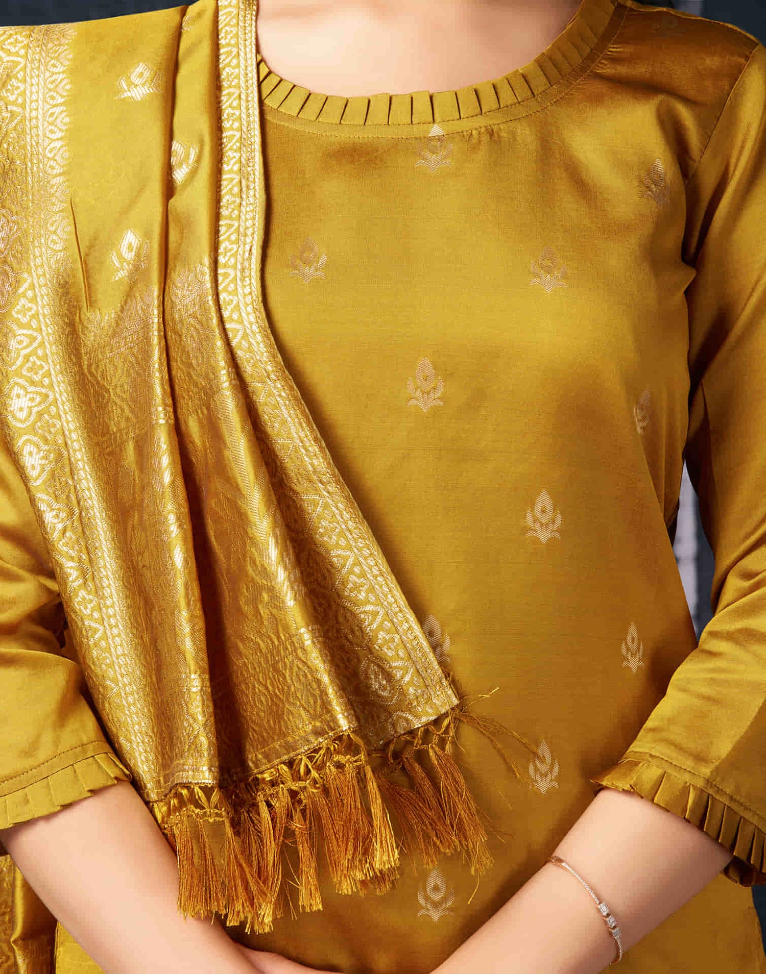 Mustrad Yellow And Golden Silk Plain Straight Kurta Set With Dupatta