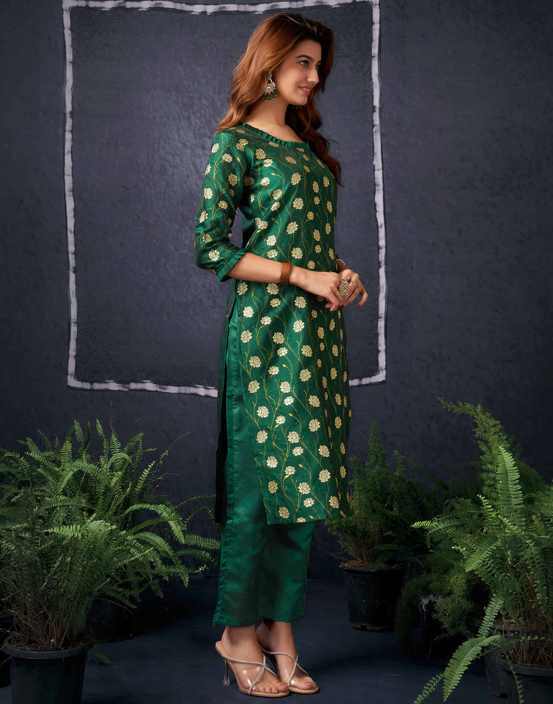 Dark Green And Golden Silk Plain Straight Kurta Set With Dupatta