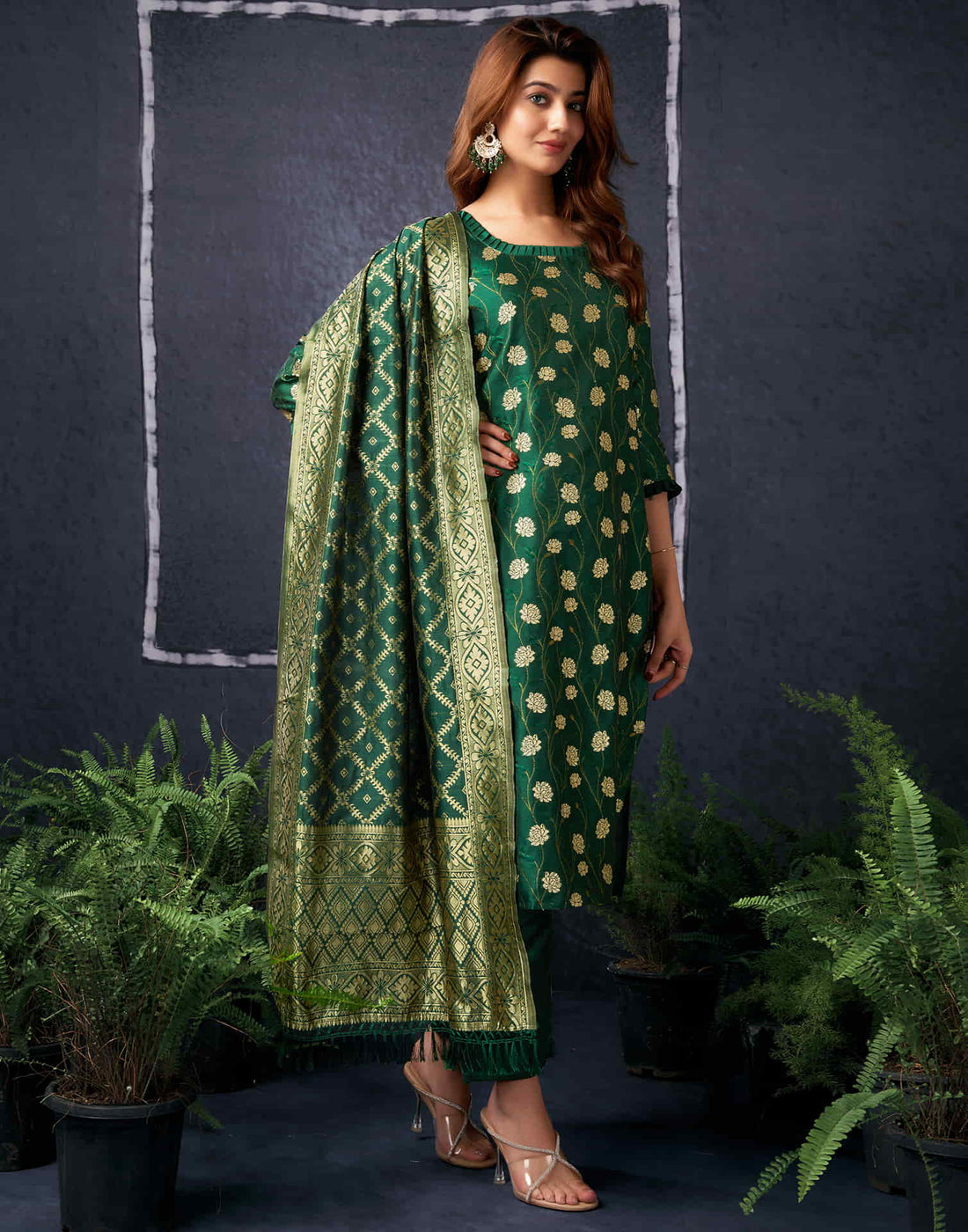 Dark Green And Golden Silk Plain Straight Kurta Set With Dupatta