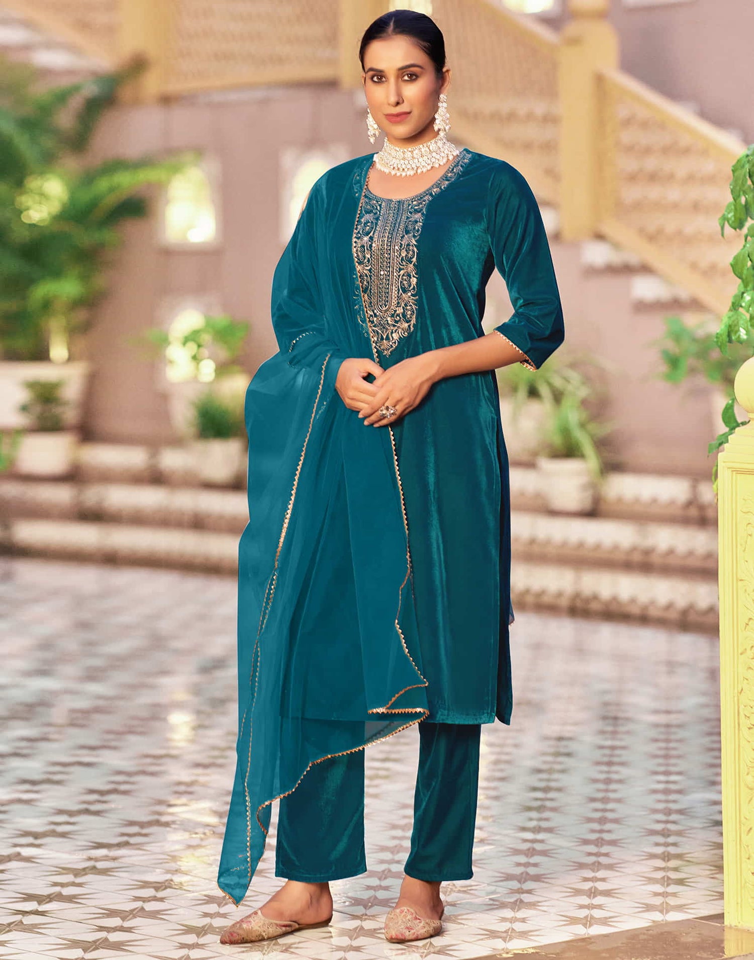 Rama Blue Velvet Sequence Straight Kurta Set With Dupatta