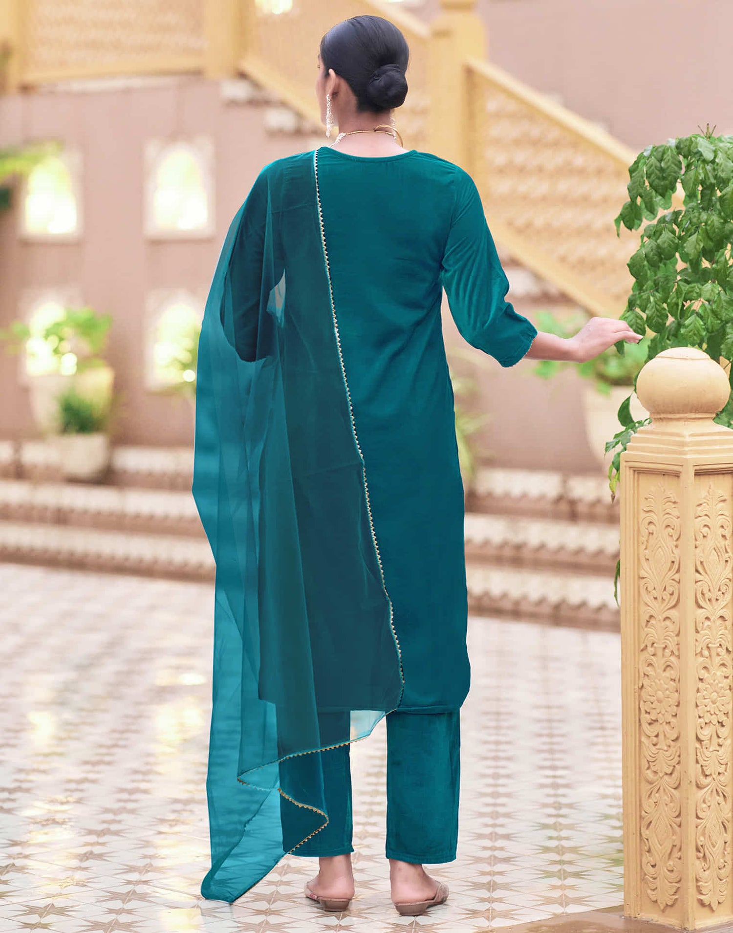 Rama Blue Velvet Sequence Straight Kurta Set With Dupatta