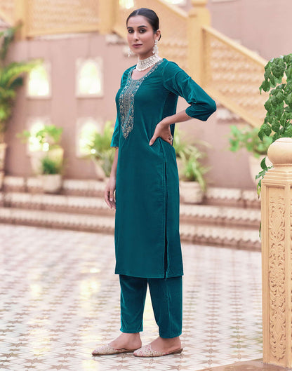 Rama Blue Velvet Sequence Straight Kurta Set With Dupatta