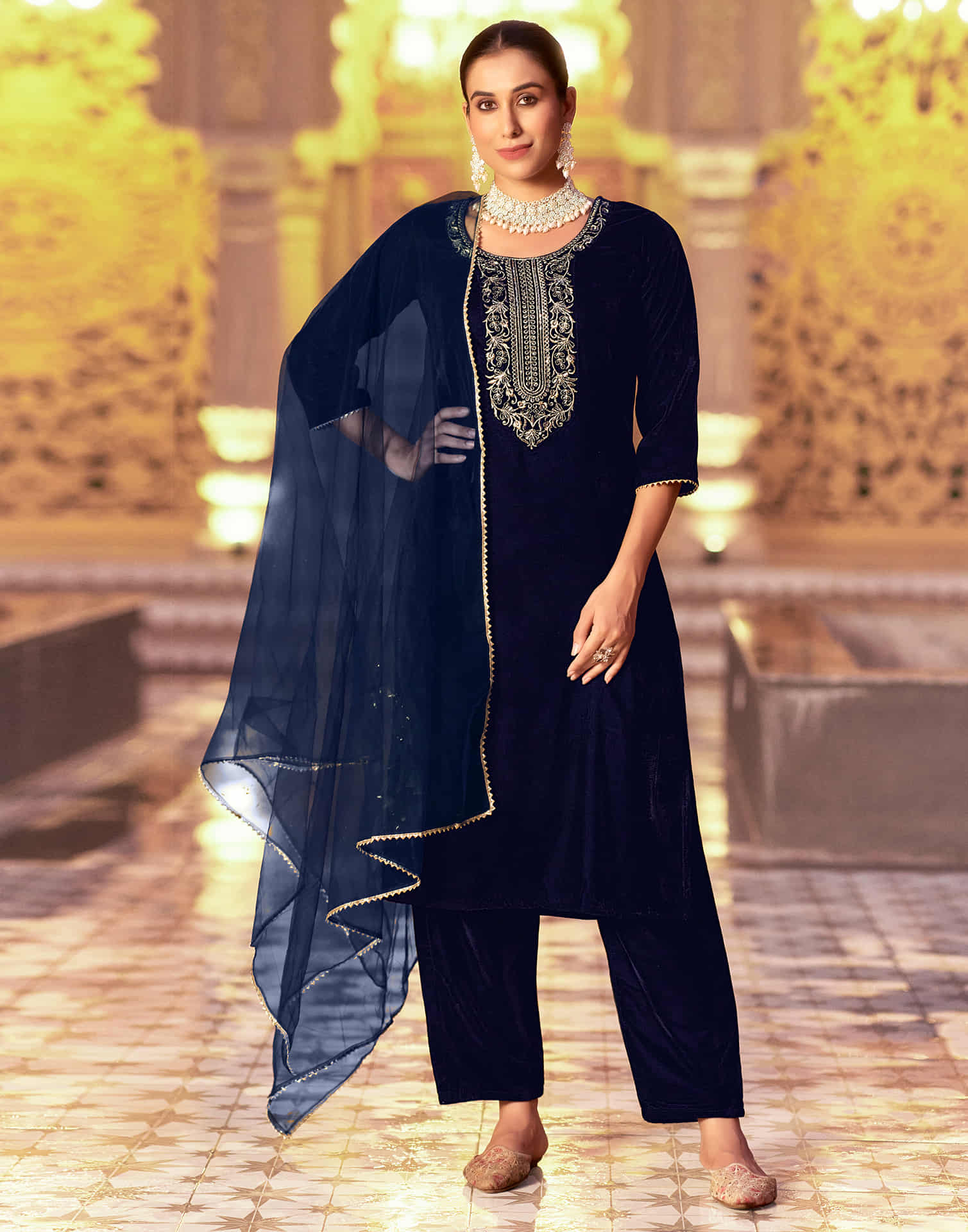 Navy Blue Velvet Sequence Straight Kurta Set With Dupatta