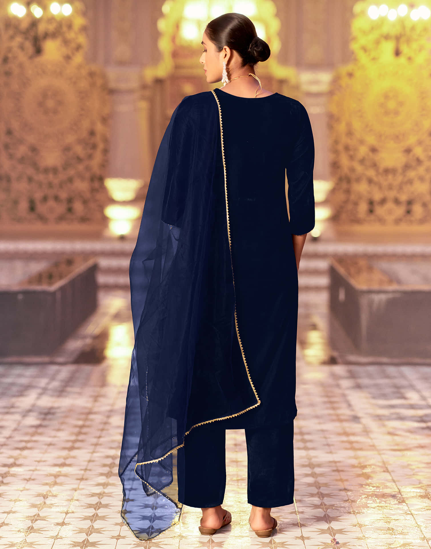 Navy Blue Velvet Sequence Straight Kurta Set With Dupatta