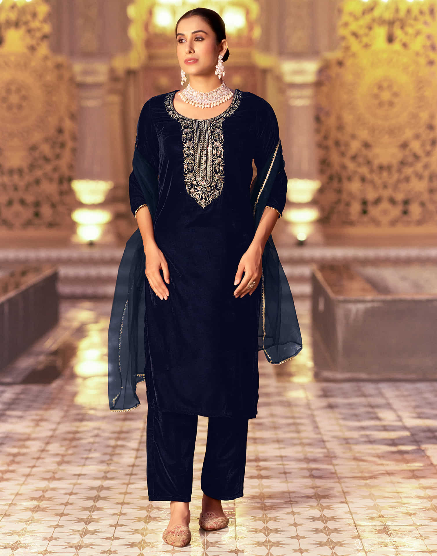 Navy Blue Velvet Sequence Straight Kurta Set With Dupatta