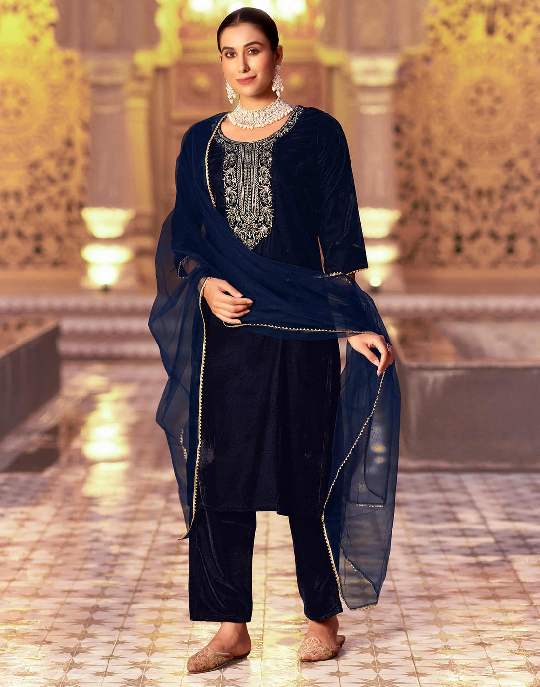 Navy Blue Velvet Sequence Straight Kurta Set With Dupatta